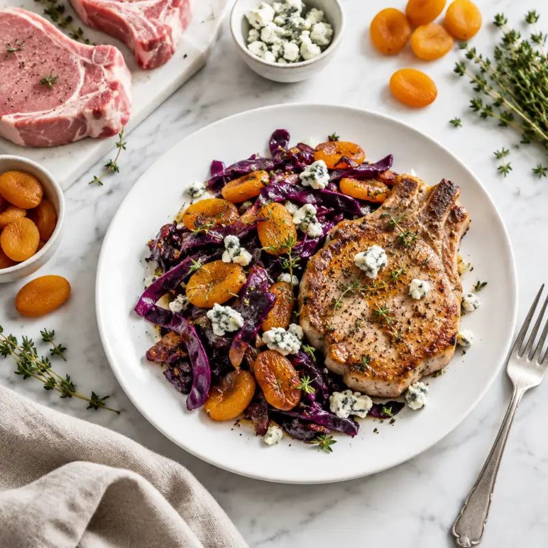 Sheet Pan Pork Chops with Apricots, Red Cabbage & Blue Cheese, plated