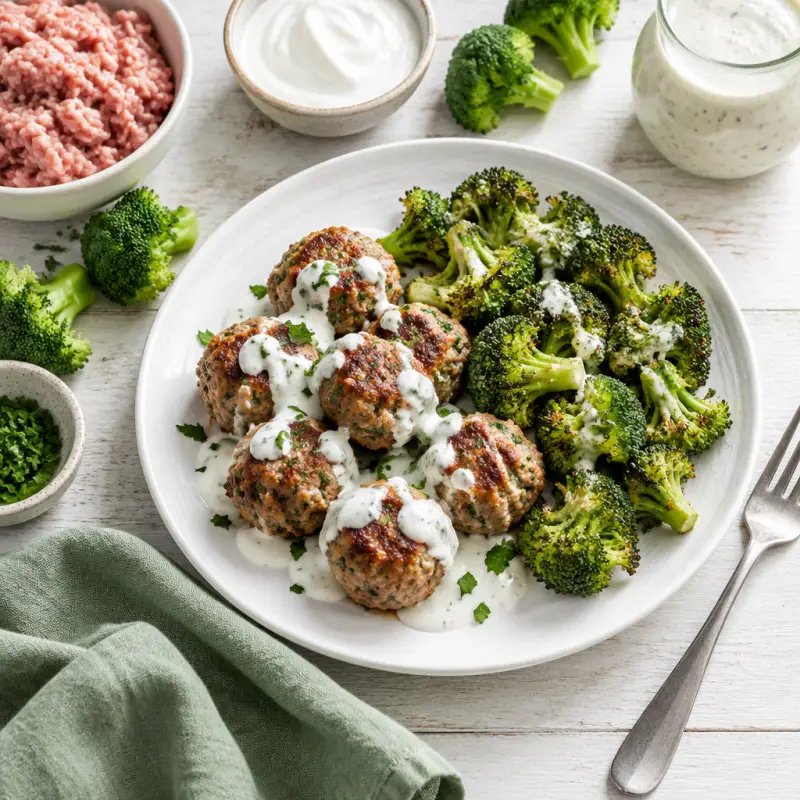 Sheet Pan Pork Meatballs with Yogurt Sauce & Ranch-Baked Broccoli, plated