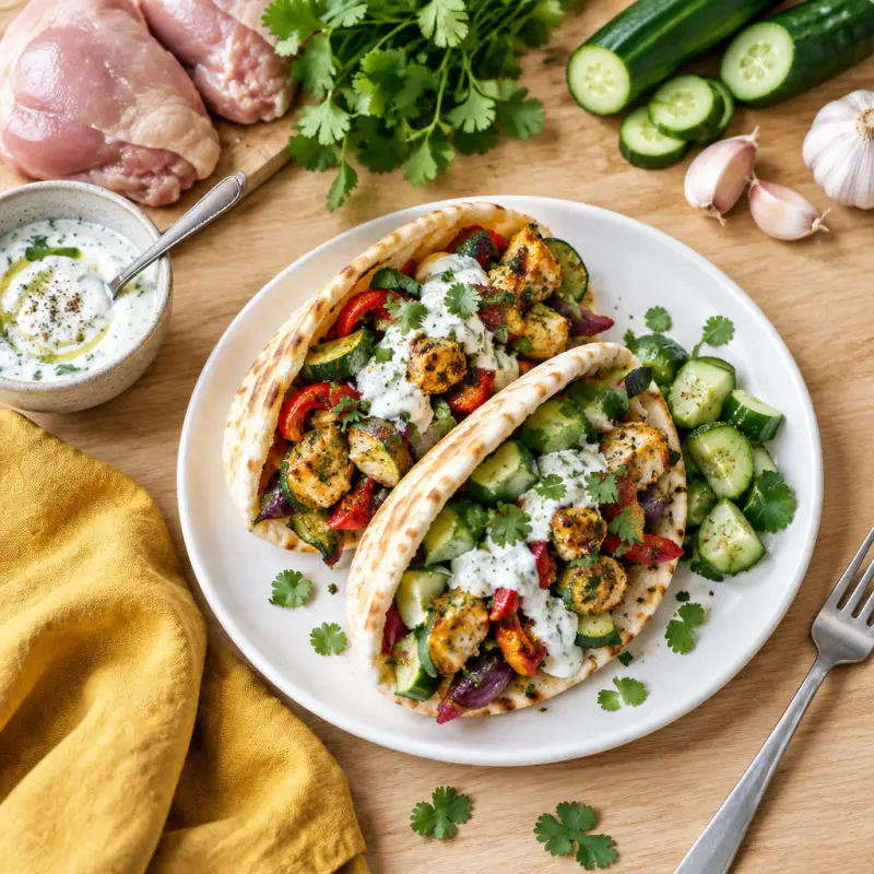Sheet Pan Roasted Chicken & Veggie Pitas with Lemony Yogurt, plated