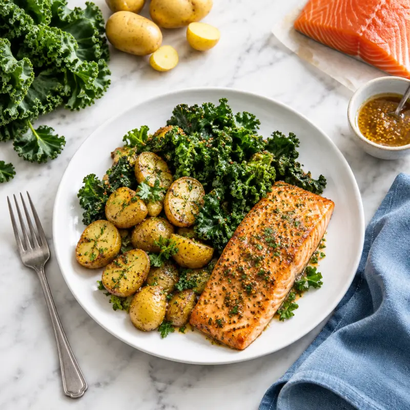 Sheet Pan Salmon with Honey-Dijon Roasted Kale & Potatoes, plated