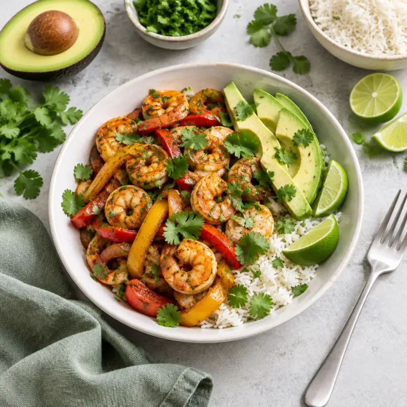 Sheet Pan Shrimp Fajita Rice Bowl with Avocado, Lime & Cilantro, plated