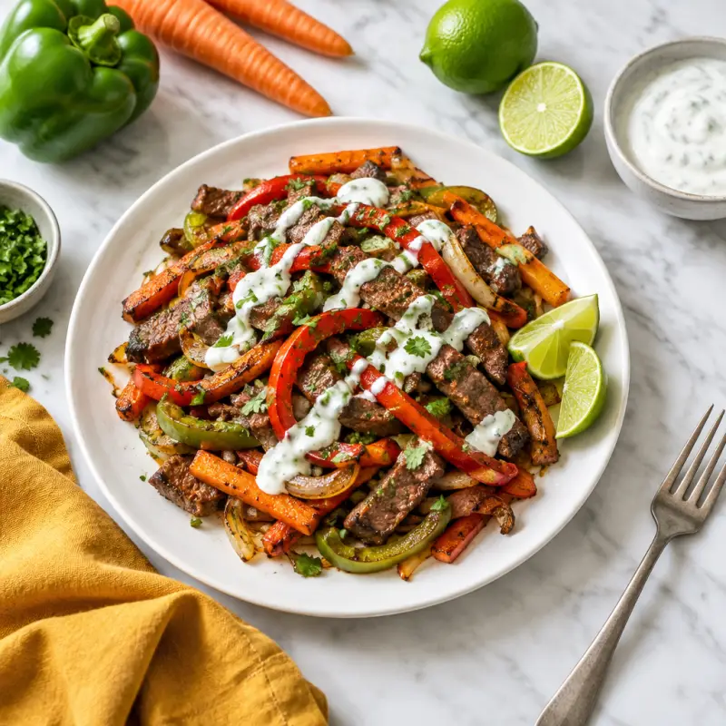 Sheet Pan Steak, Bell Pepper, Onion & Carrot Fajitas with Lime Crema, plated