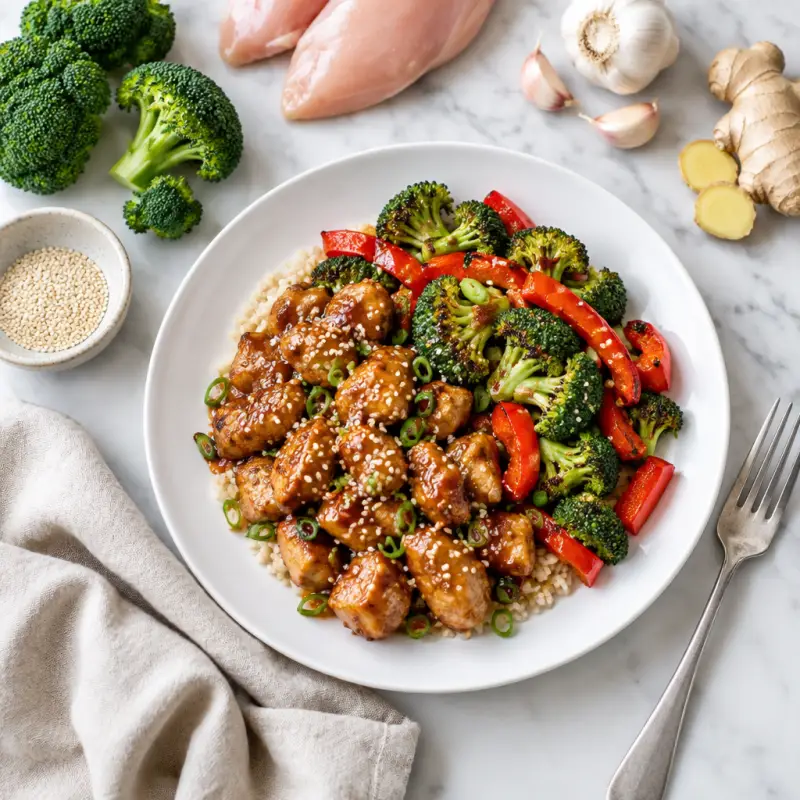 Sheet Pan Sticky Sesame Chicken with Roasted Broccoli & Peppers, plated