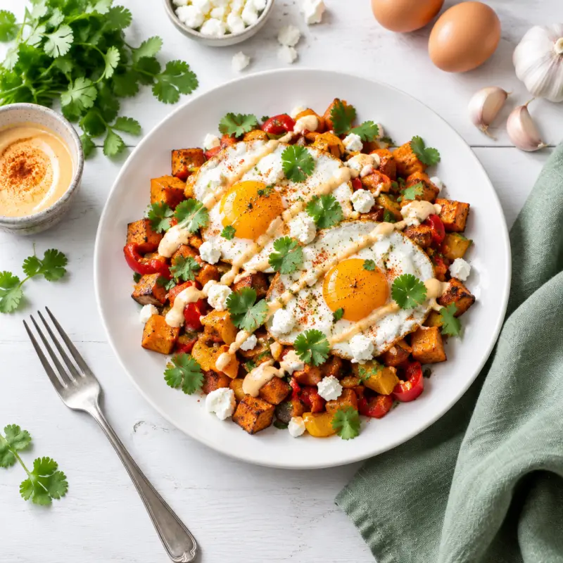 Sheet Pan Sweet Potato Hash with Peppers, Fried Eggs & Paprika Aioli, plated