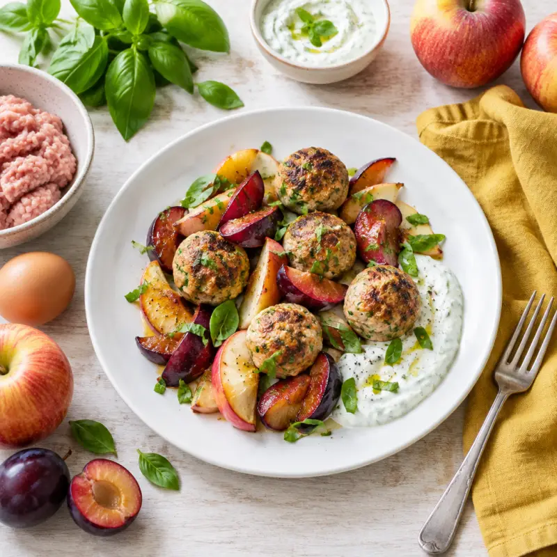 Sheet Pan Turkey Meatballs with Roasted Apples, Plums & Basil Yogurt, plated