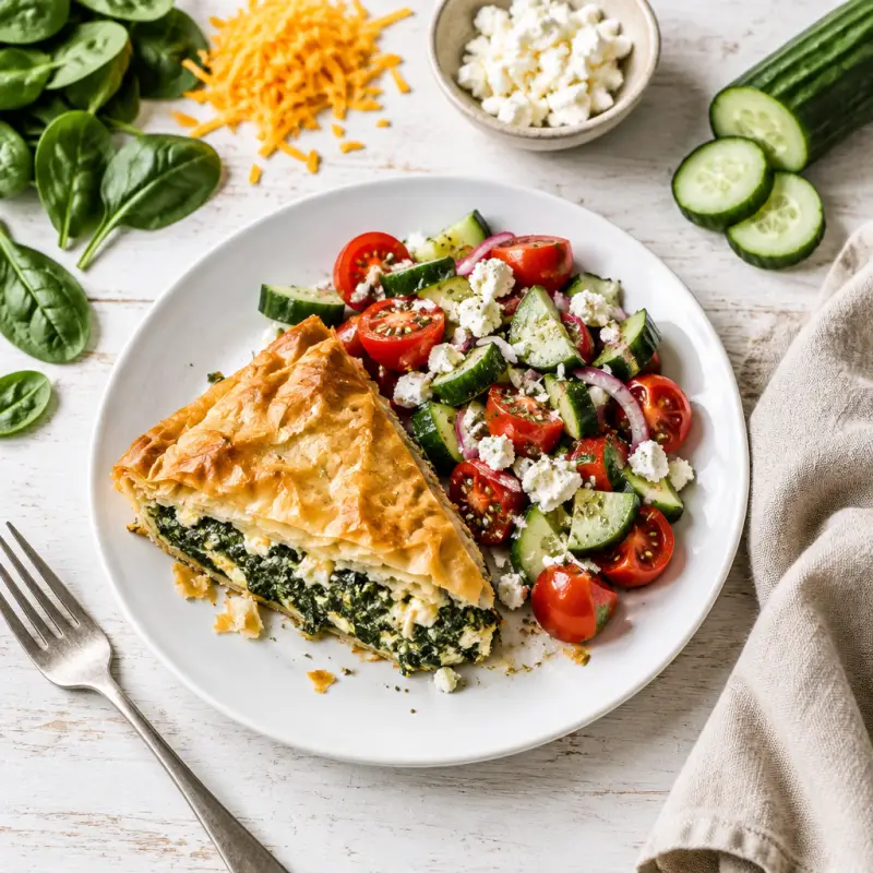 Short-Cut Spanakopita with Greek Tomato-Cucumber Salad, plated