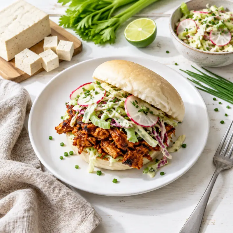 Shredded BBQ Tofu Bun with Creamy Cabbage, Radish, Celery & Chive Slaw, plated