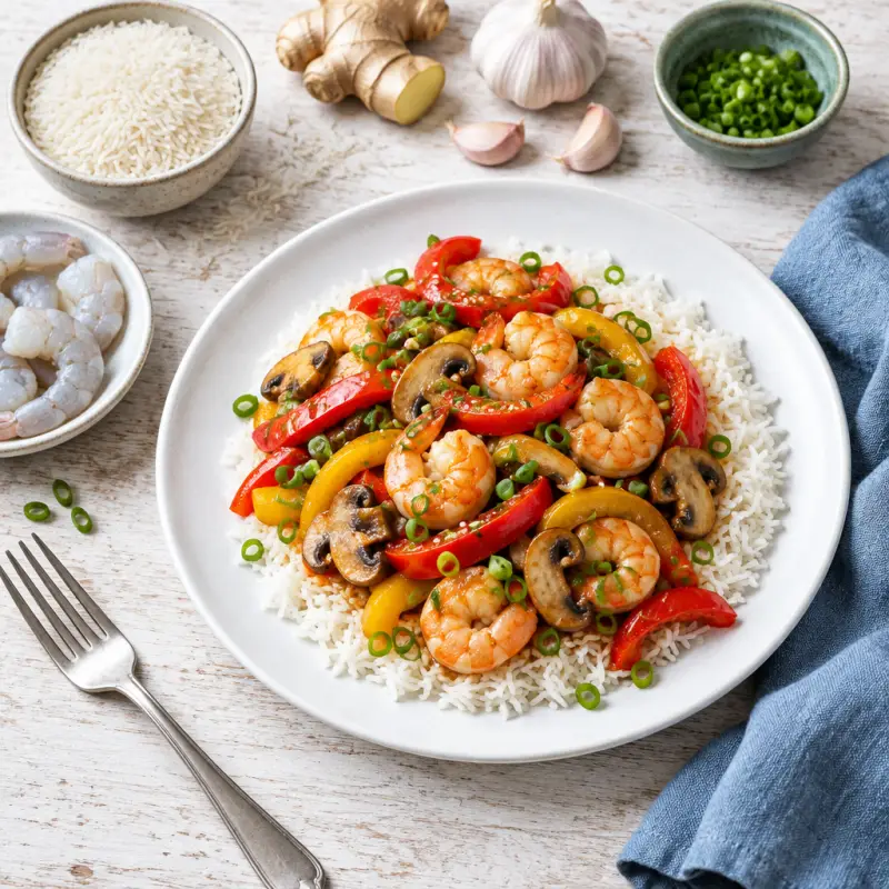 Shrimp, Bell Pepper & Mushroom Stir Fry with Basmati Rice, plated