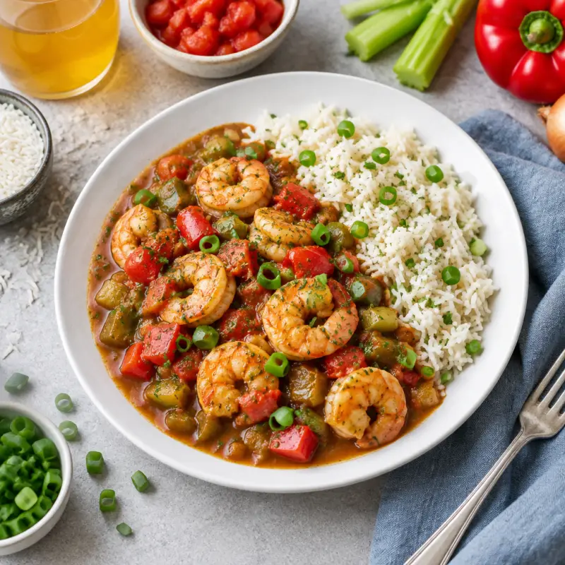 Shrimp, Bell Pepper & Tomato Gumbo with Green Onion Rice, plated