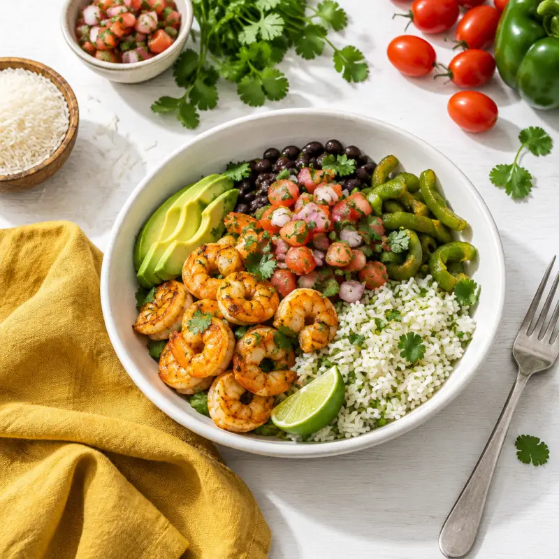 Shrimp Burrito Bowl with Cilantro-Lime Rice & Pico de Gallo, plated