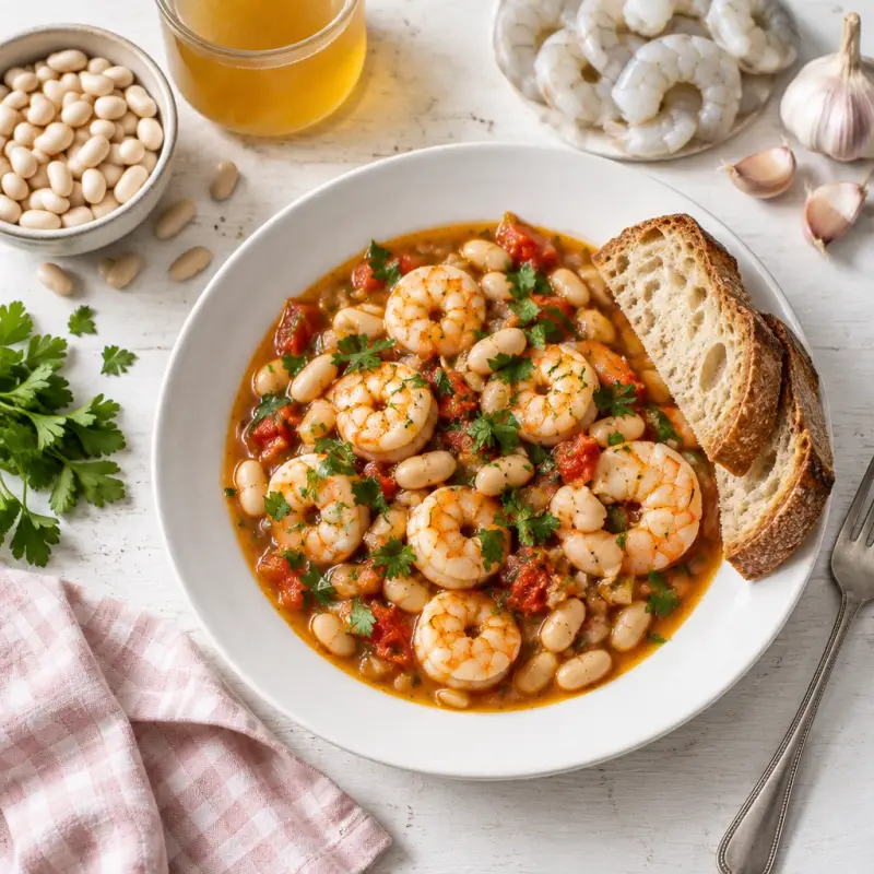 Shrimp & Cannellini Bean Stew with Crusty Bread, plated