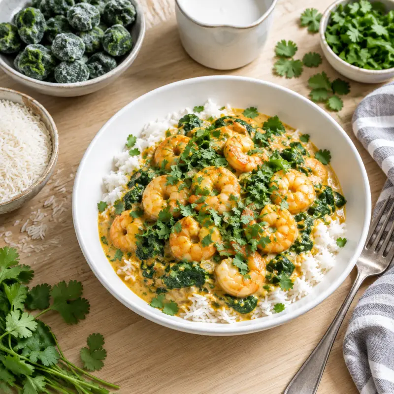 Shrimp Coconut Curry with Spinach & Cilantro over Rice, plated