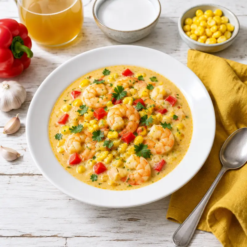 Shrimp, Corn & Coconut Milk Chowder with Bell Pepper, plated