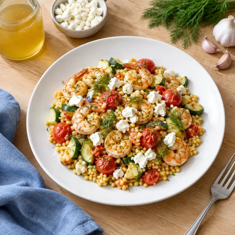 Shrimp Couscous with Tomatoes, Zucchini & Feta, plated