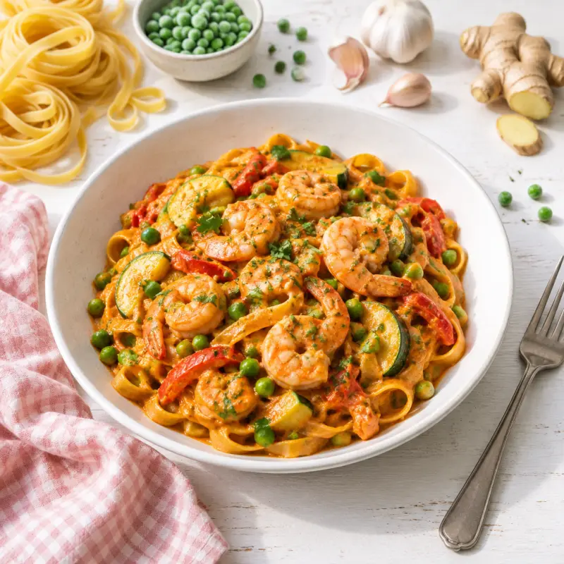 Shrimp Fettuccine with "Tikka Masala" Sauce, Zucchini, Peppers & Peas, plated