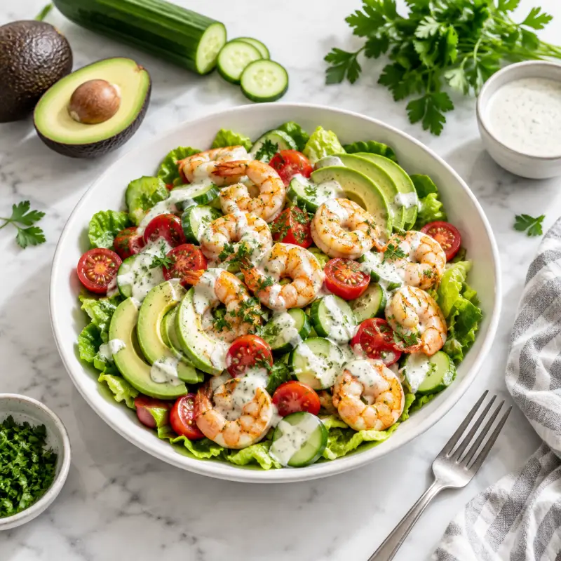 Shrimp Louie-Inspired Salad with Avocado, Cucumber & Tomato, plated