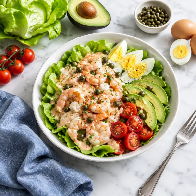 Shrimp Louie Salad with Hard-Boiled Egg, Lettuce, Avocado & Tomato, plated