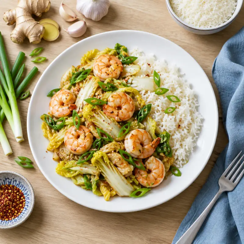 Shrimp & Napa Cabbage Stir-Fry with Jasmine Rice, plated