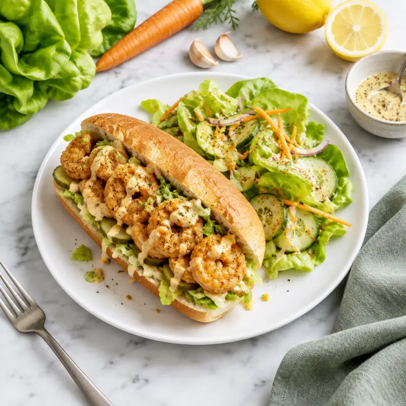 Shrimp Po'Boy with Spicy Mayo & Lemon-Dijon Garden Salad, plated
