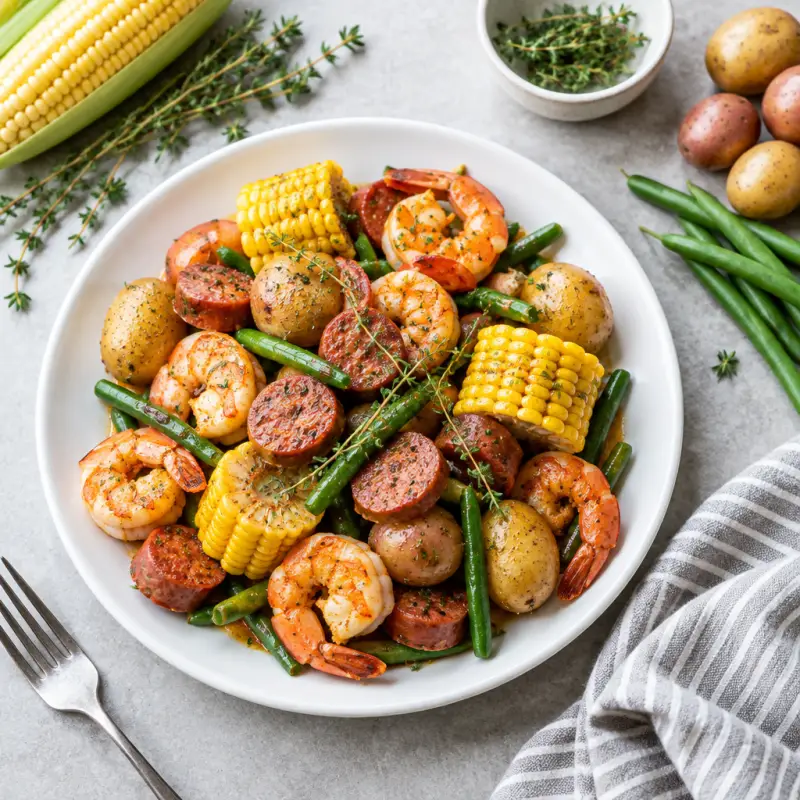 Shrimp and Sausage Boil with Corn, Baby Potatoes, and Fresh Thyme, plated
