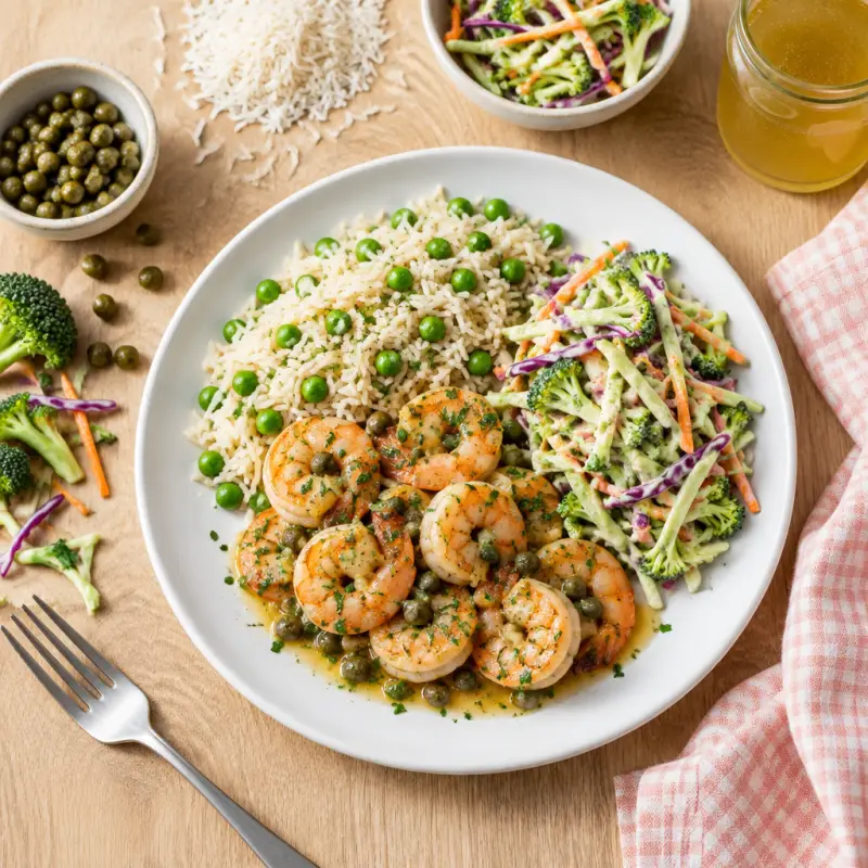 Shrimp Sauté with Capers, Green Pea-Rice Pilaf & Creamy Broccoli Slaw, plated