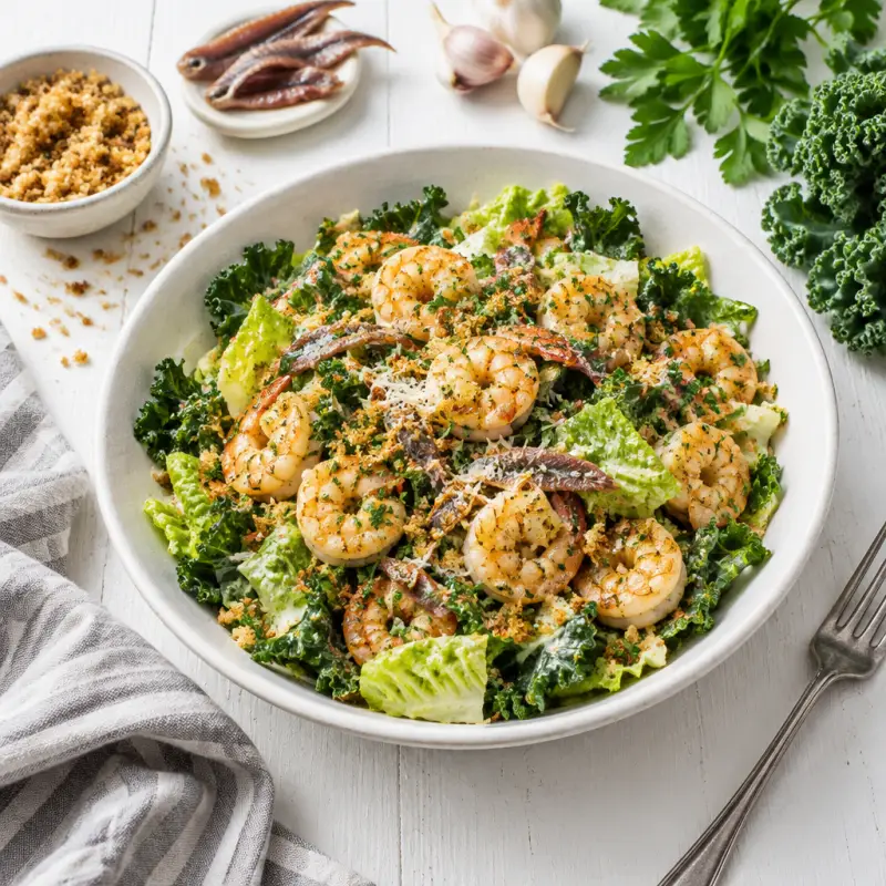 "Shrimp Scampi" Caesar Salad with Kale, Romaine & Toasted Bread Crumbs, plated