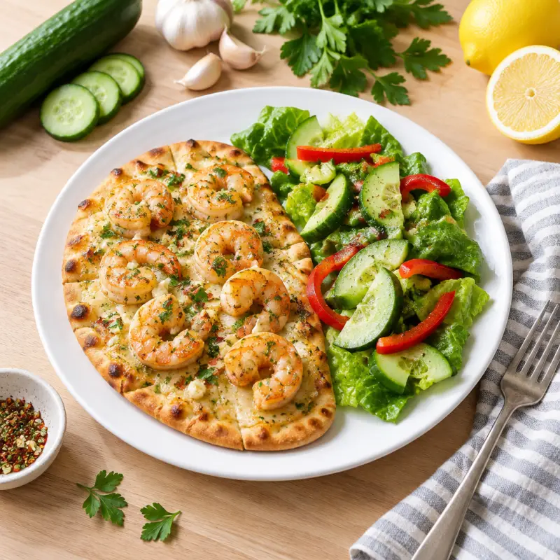 "Shrimp Scampi" Pita Pizza with Cucumber, Bell Pepper & Romaine Salad, plated