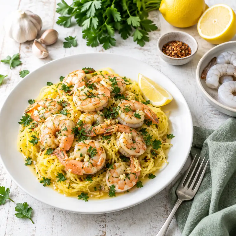 Shrimp Scampi with Spaghetti Squash, plated