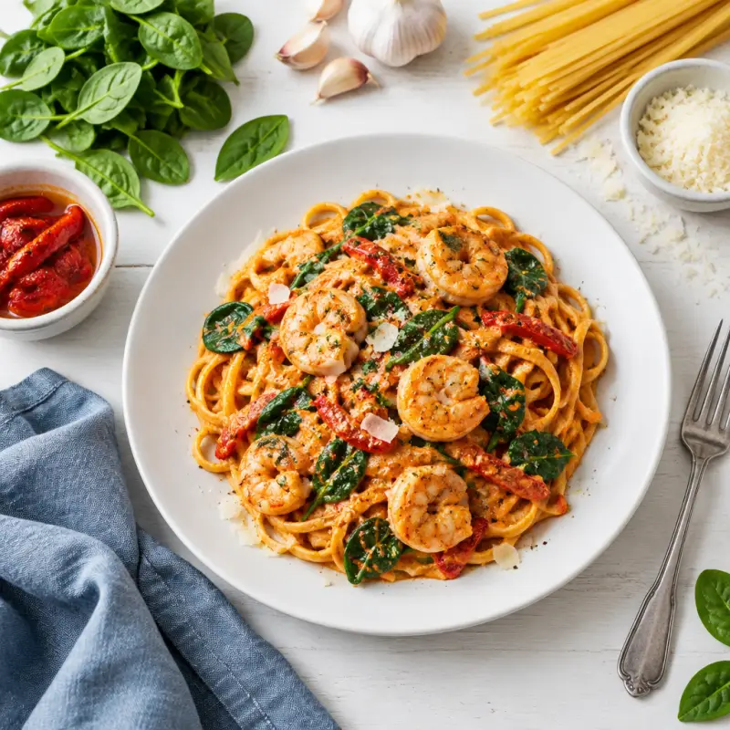 Shrimp & Spinach Linguine with Roasted Red Pepper Sauce, plated