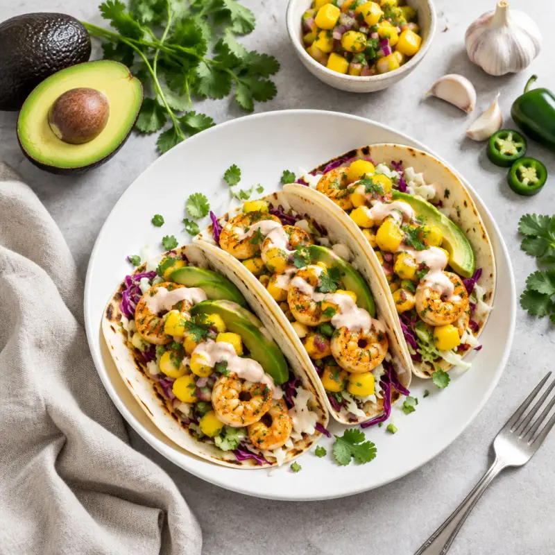 Shrimp Tacos with Mango Salsa, Cabbage, Avocado & Spicy Yogurt, plated