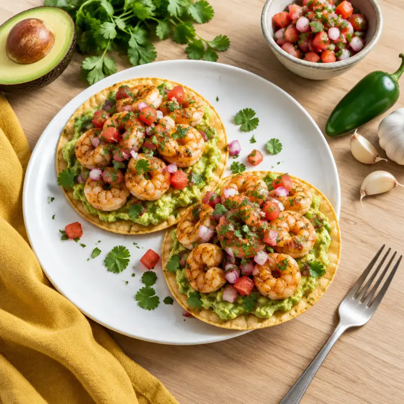 Shrimp Tostadas with Guacamole & Pico de Gallo, plated