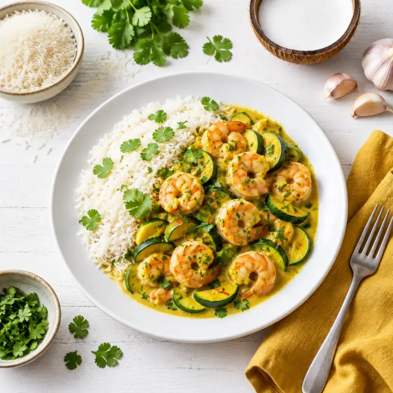 Shrimp & Zucchini Coconut Curry with Basmati Rice, plated