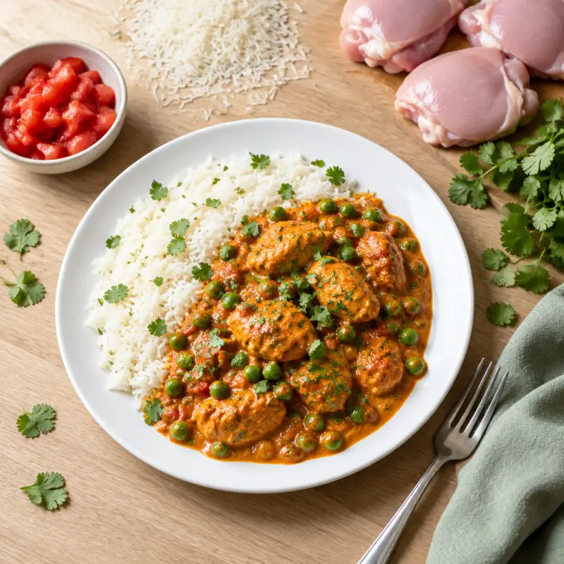 Simple Butter Chicken with Peas & Basmati Rice, plated