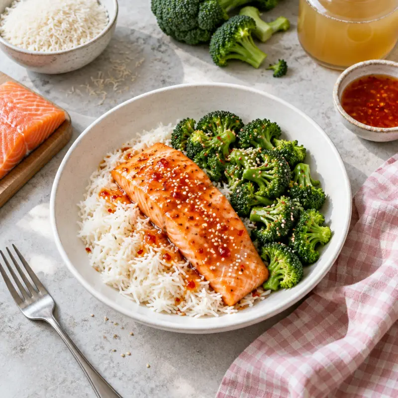 Simple Sweet Chili Salmon with Sesame Broccoli & Rice, plated