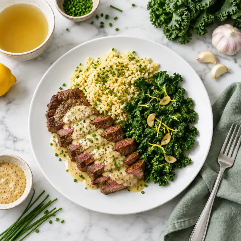 Sirloin with Creamy Dijon Sauce, Lemon-Garlic Kale, Couscous & Chives, plated
