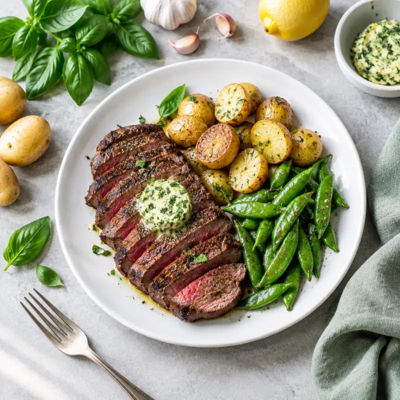 Sirloin Steak with Basil Compound Butter, Roasted Potatoes & Snap Peas, plated