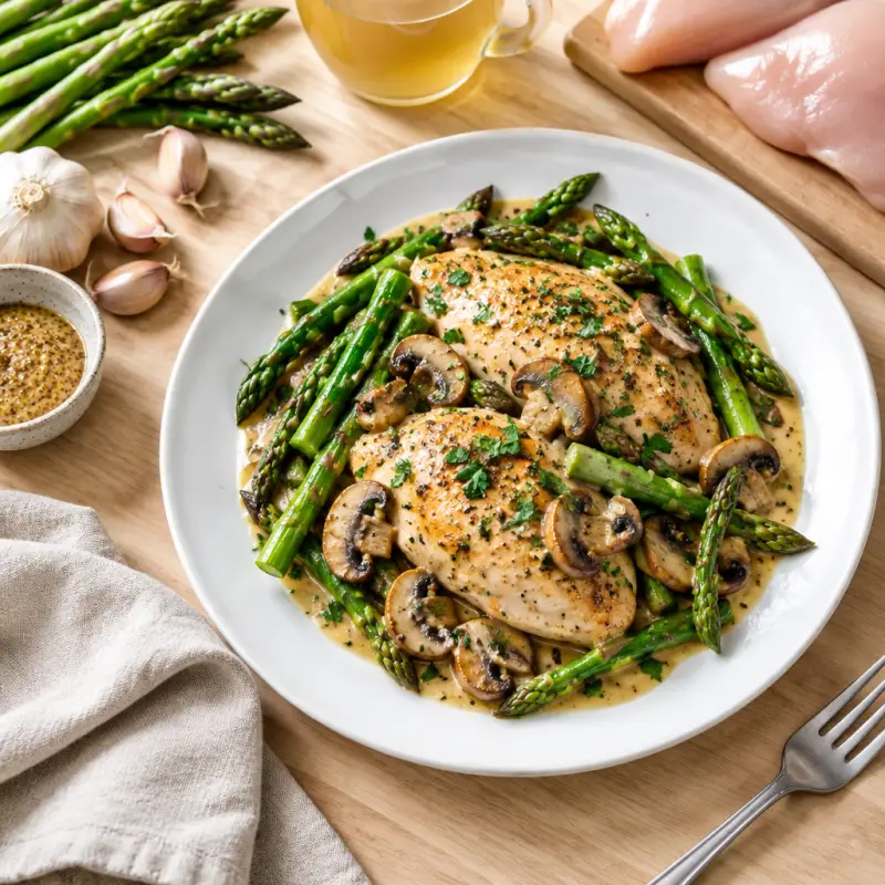 Skillet Dijon Chicken & Mushrooms with Asparagus, plated
