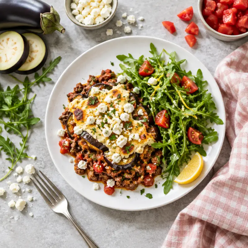Skillet Eggplant, Beef & Feta Moussaka with Lemon Arugula Salad, plated