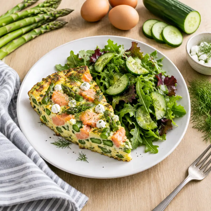 Smoked Salmon, Asparagus, Goat Cheese & Dill Frittata with Green Salad, plated