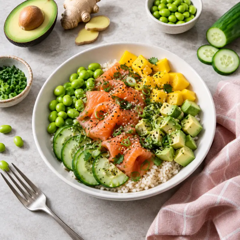 Smoked Salmon Bowl with Ginger Rice, Edamame, Mango & Avocado, plated