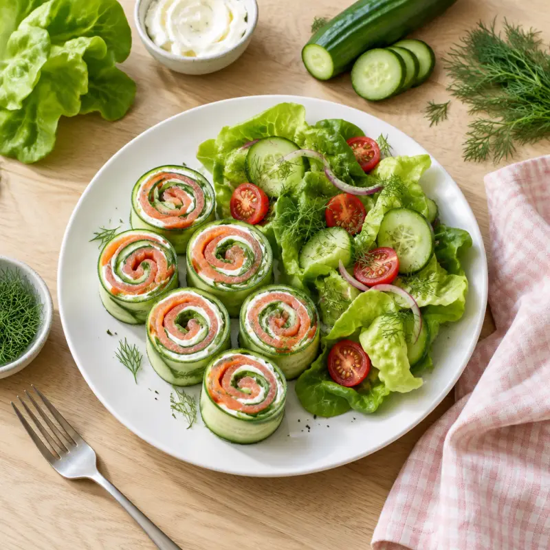Smoked Salmon, Cream Cheese & Cucumber Roll-Ups with Side Salad, plated
