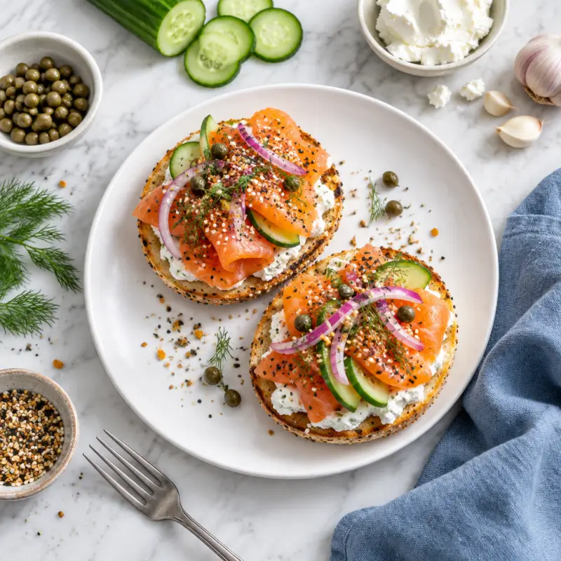 Smoked Salmon & Goat Cheese on Toasted Rolls with "Everything" Spice, plated