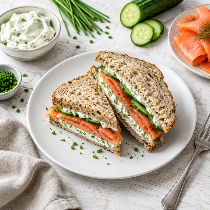 Smoked Salmon, Herb Cream Cheese & Cucumber Sandwich, plated