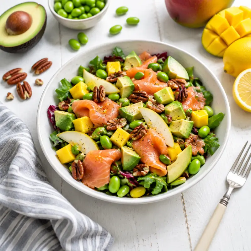Smoked Salmon Salad with Edamame, Mango, Pear, Avocado & Pecans, plated