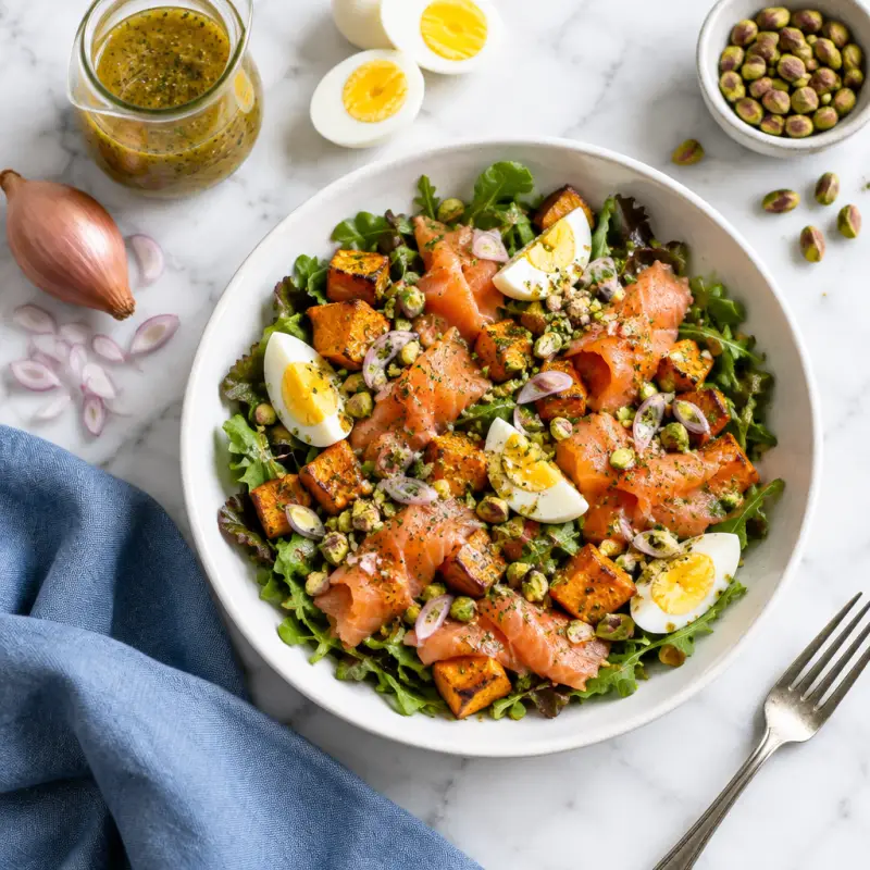 Smoked Salmon Salad with Egg, Roasted Sweet Potato & Pistachios, plated