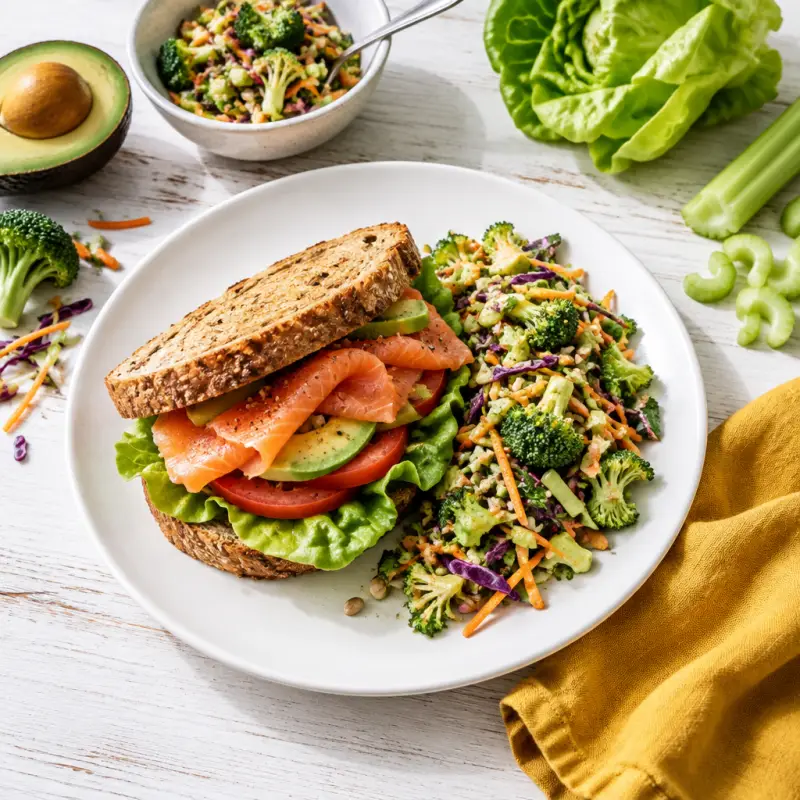 Smoked Salmon Sandwich with Lettuce, Tomato, Avocado & Chopped Salad, plated