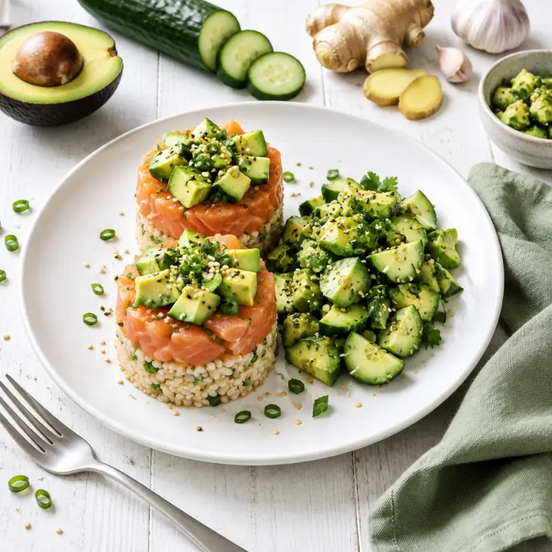 Smoked Salmon Sushi Stacks with Ginger Rice & Avocado-Cucumber Salad, plated