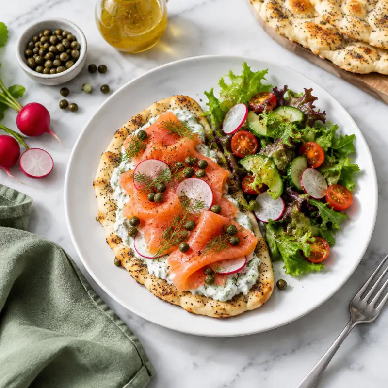 Smoked Salmon, Tzatziki, Poppy Seed & Caper Flatbread with Mixed Salad, plated