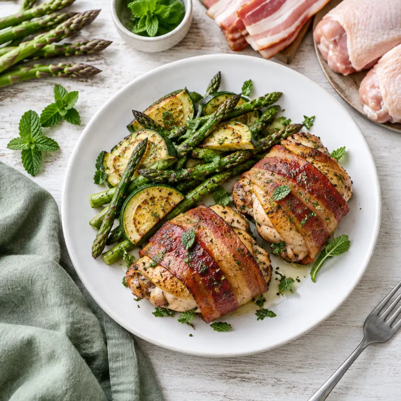 Smoky Bacon-Wrapped Chicken Thighs with Roasted Zucchini & Asparagus, plated