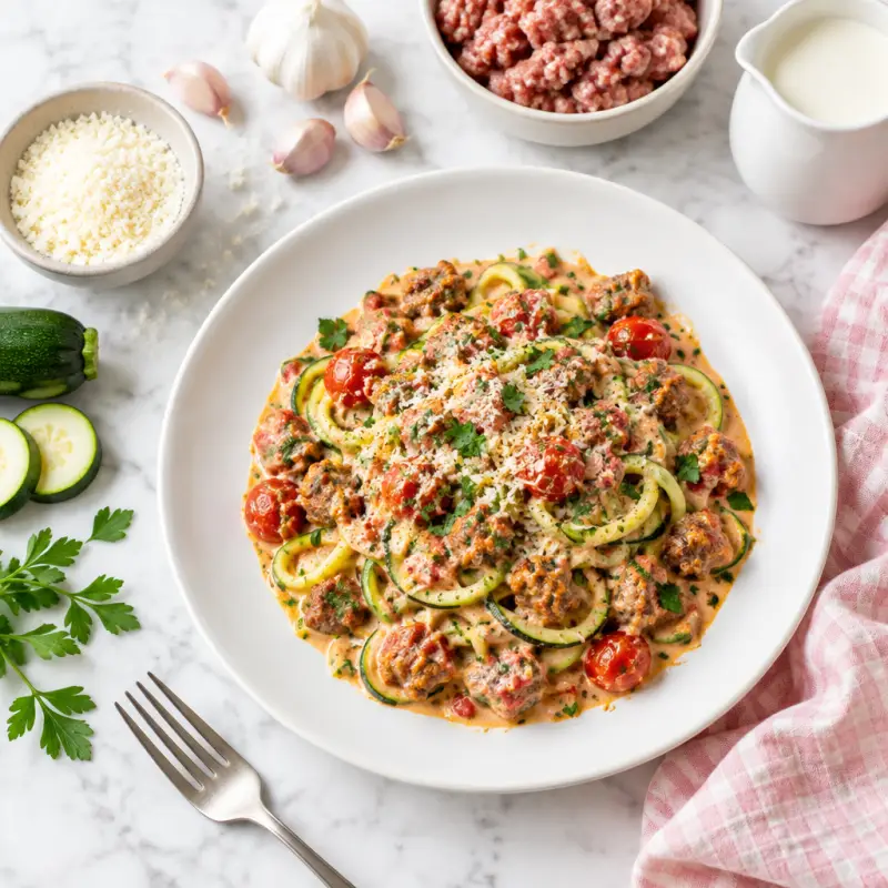 Smoky Sausage & Zucchini Noodle Skillet with Tomato-Cream Sauce, plated